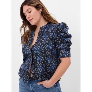 GAP Puff Sleeve Button Shirt Womens XL Blue Leopard Print